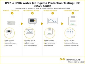 Infinita Engineering Visual showing IEC 60529 GUIDE general testing / industry guide workflow for ipx5 & ipx6 water jet ingress protection testing: iec 60529 guide.