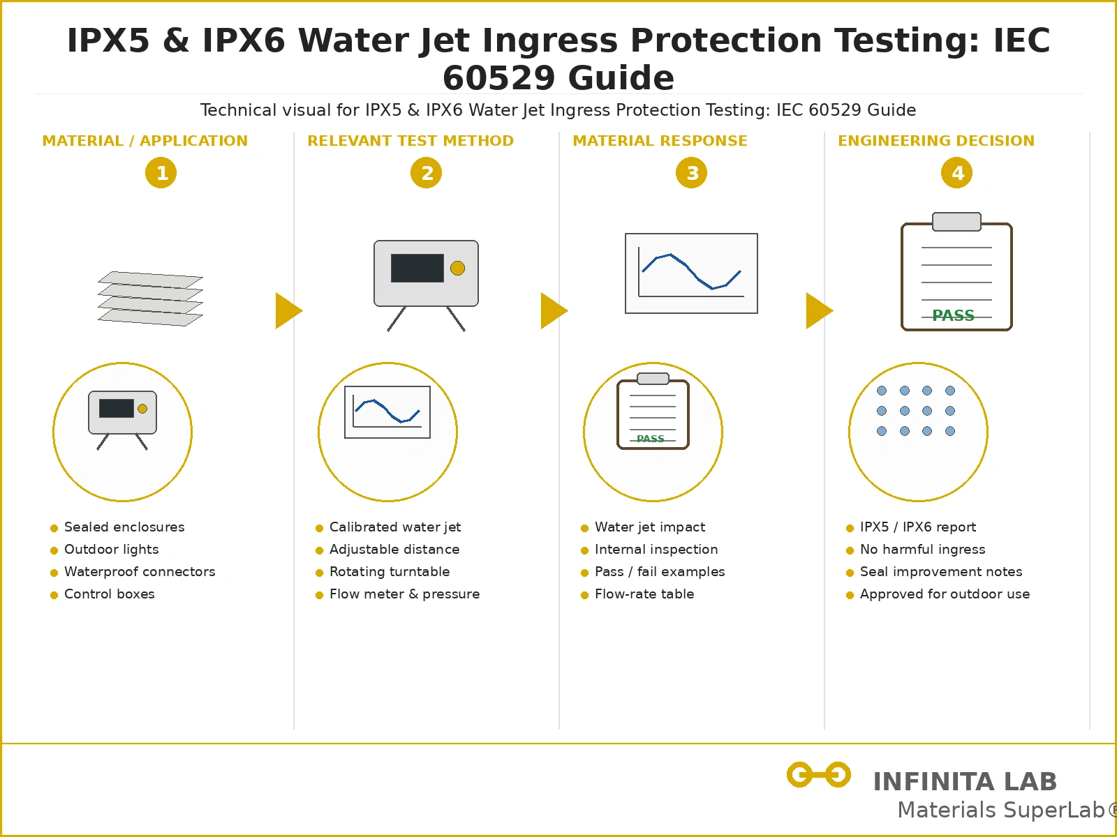 Infinita Engineering Visual showing IEC 60529 GUIDE general testing / industry guide workflow for ipx5 & ipx6 water jet ingress protection testing: iec 60529 guide.