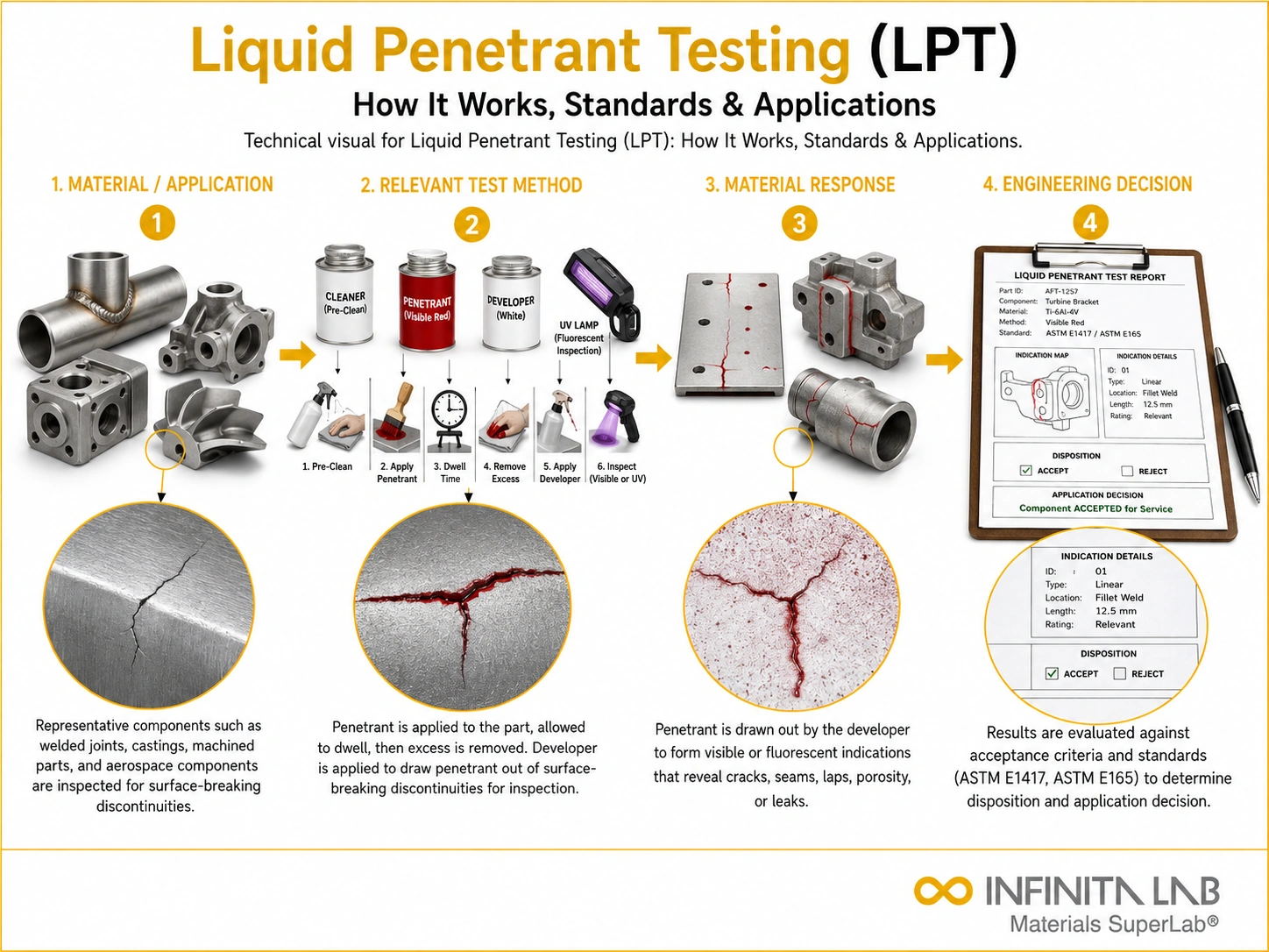 Infinita Engineering Visual showing Liquid Penetrant Testing general testing / industry guide workflow for liquid penetrant testing (lpt): how it works, standards & applications.