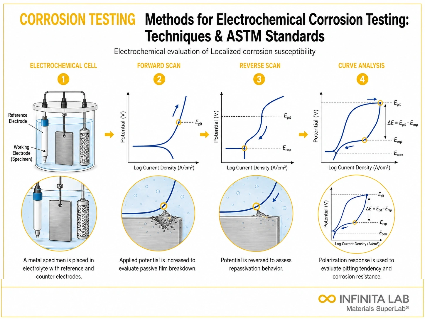 Four-step Infinita Engineering Visual showing methods for electrochemical corrosion testing: techniques & astm standards with electrochemical cell, forward scan, reverse scan, and curve analysis.