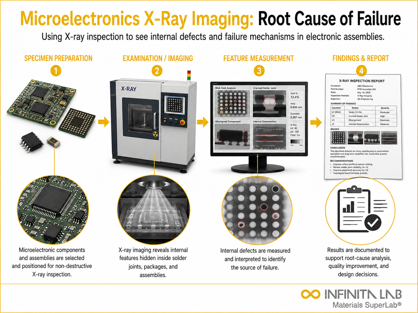Infinita Engineering Visual showing Microelectronics X-Ray Imaging: Seeing Through to the Root Cause of Failure microscopy / surface / material characterization workflow.