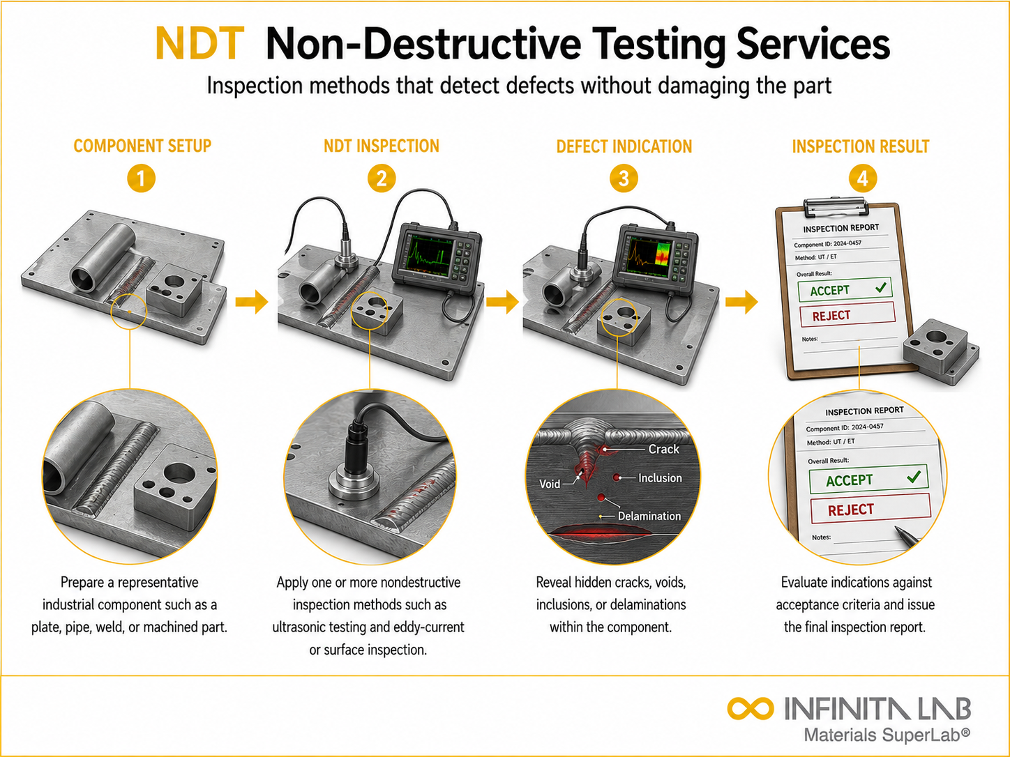 Infinita Engineering Visual showing Non Destructive Testing ultrasonic / ndt inspection workflow for non destructive testing ndt services.