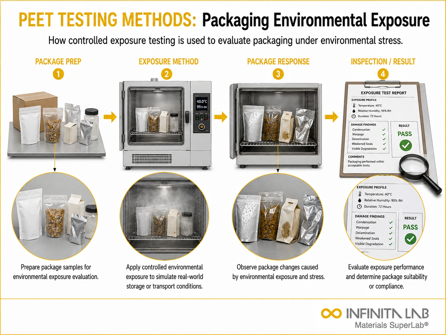 Infinita Engineering Visual showing Peet Testing Methods packaging material / package integrity workflow for peet testing methods: how packaging environmental exposure is evaluated.