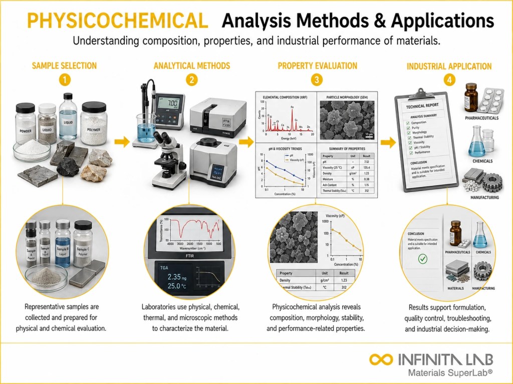 Infinita Engineering Visual showing Physicochemical Analysis Definition combustible dust / loc / explosion workflow for physicochemical analysis: definition, methods & industrial applications.