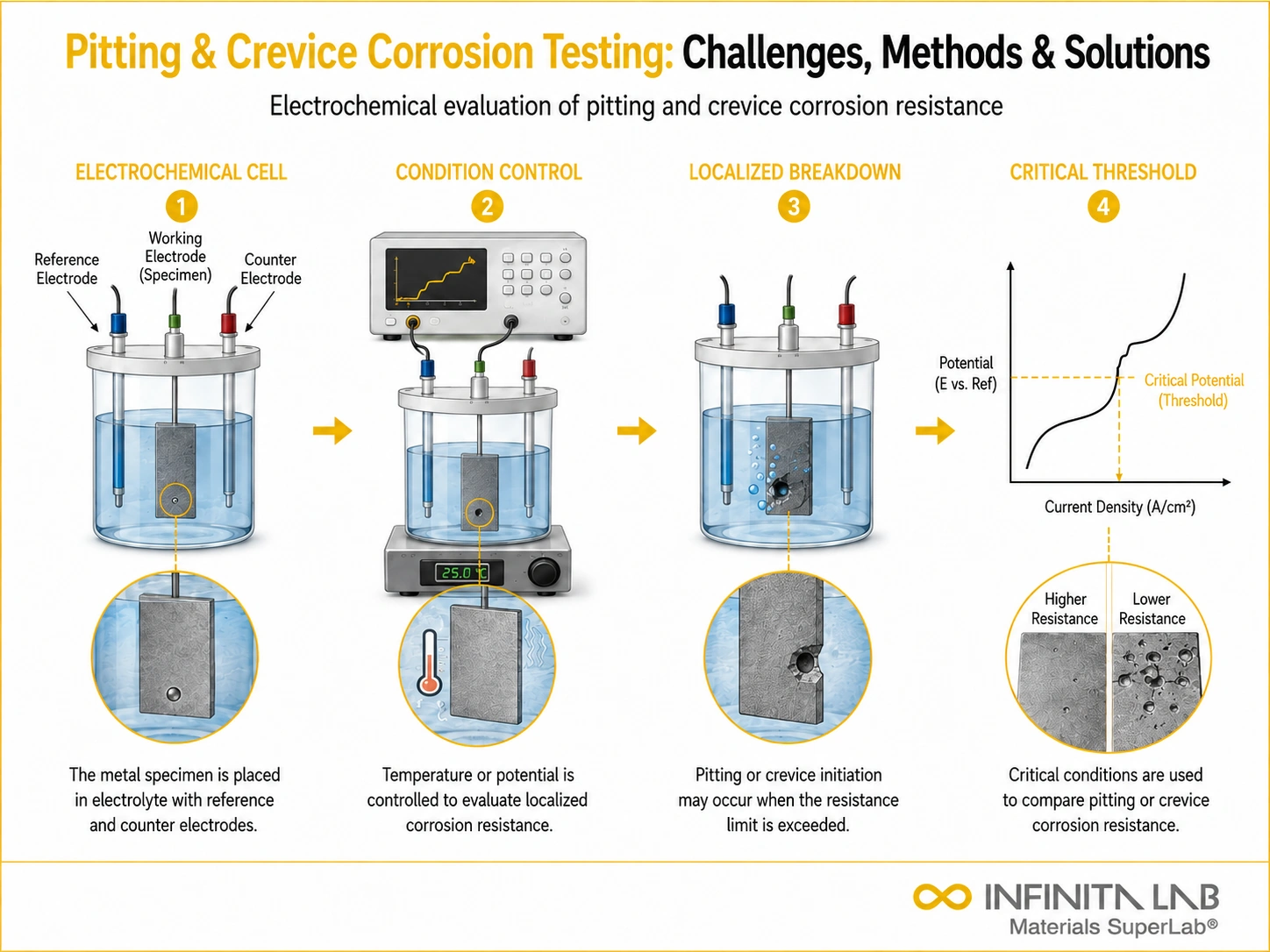 Four-step Infinita Engineering Visual showing pitting & crevice corrosion testing: challenges, methods & solutions with electrochemical cell, condition control, localized breakdown, and critical threshold.