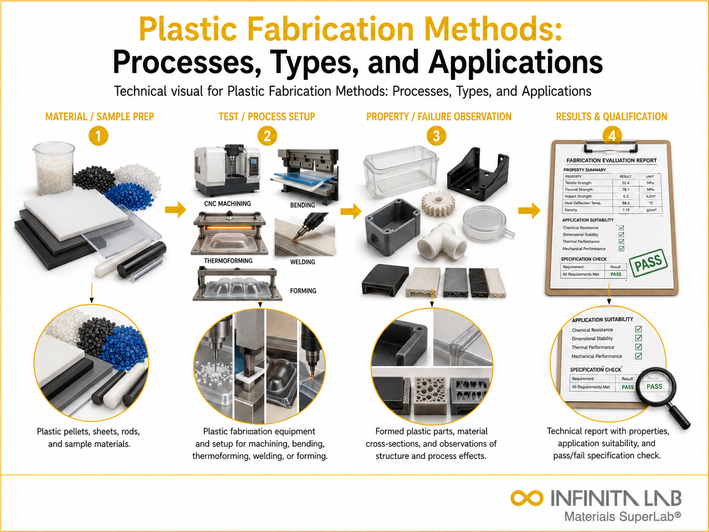 Infinita Engineering Visual showing Plastic Fabrication Methods: Processes, Types, and Applications composites / plastics / polymers workflow.