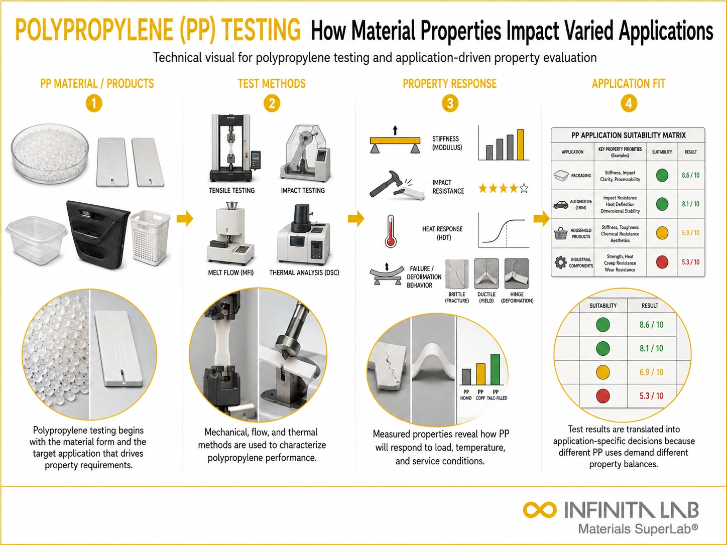 Infinita Engineering Visual showing Polypropylene Pp Testing impact testing workflow for polypropylene (pp) testing: how material properties impact varied applications.