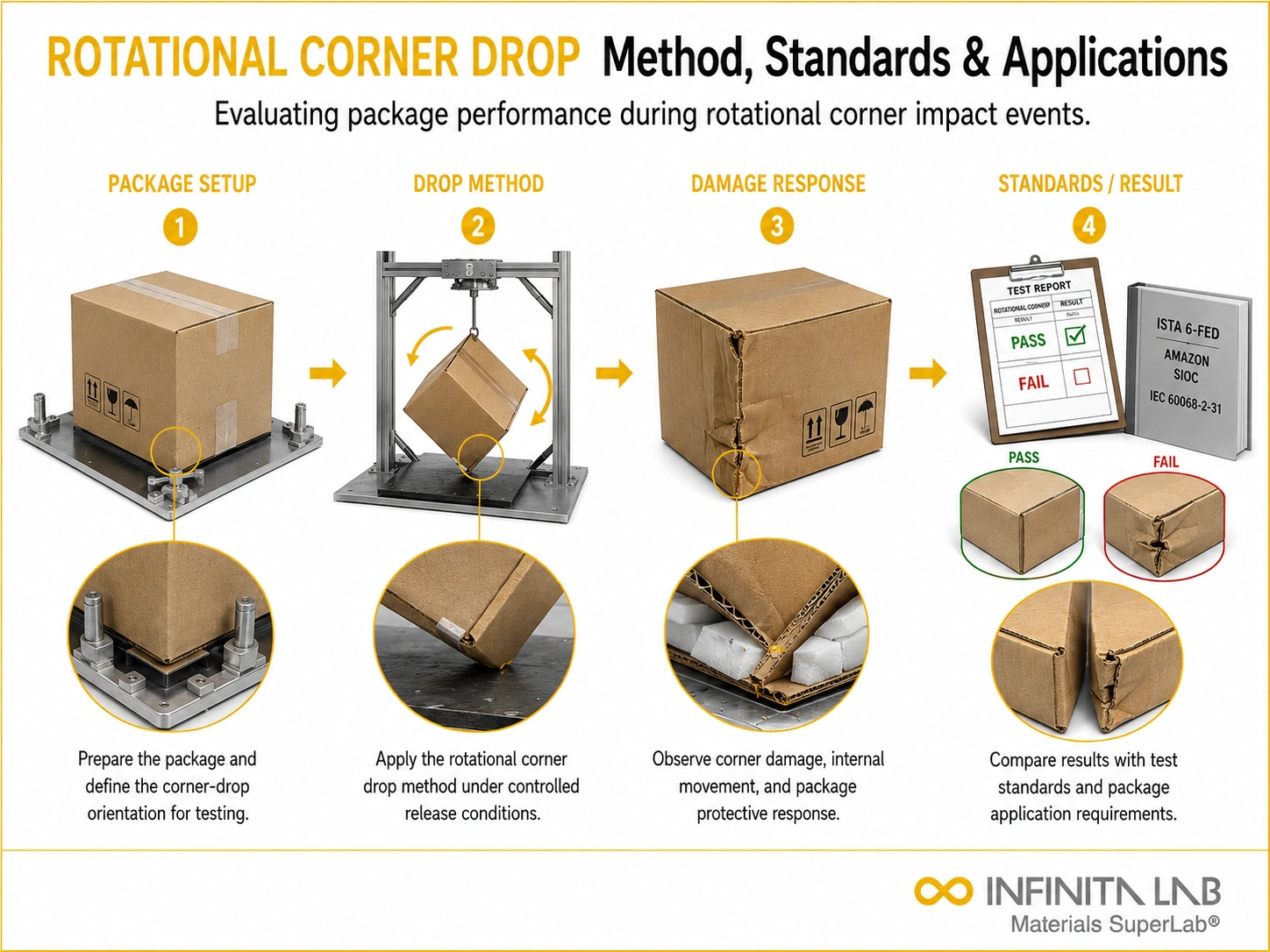 Infinita Engineering Visual showing Rotational Corner Drop transport / distribution simulation workflow for rotational corner drop testing: method, standards & applications.