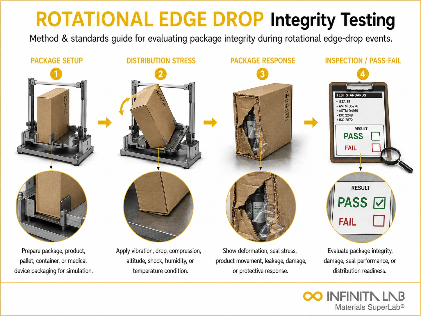 Infinita Engineering Visual showing Rotational Edge Drop transport / distribution simulation workflow for rotational edge drop integrity testing: method & standards guide.