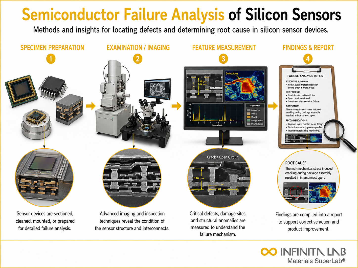 Infinita Engineering Visual showing Semiconductor Failure Analysis of Silicon Sensors: Methods & Insights microscopy / surface / material characterization workflow.