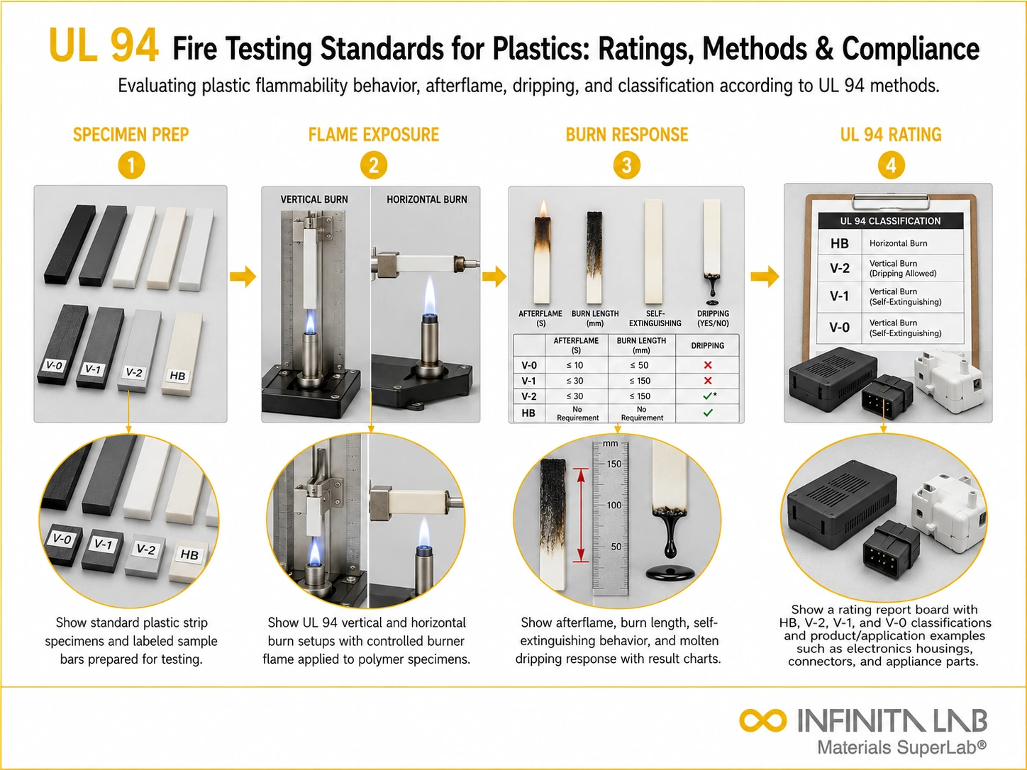 Infinita Engineering Visual showing UL 94 FIRE fire / flammability / combustion workflow for ul 94 fire testing standards for plastics: ratings, methods & compliance.