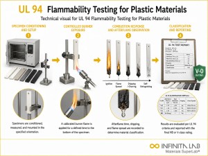 Infinita Engineering Visual showing UL 94 FLAMMABILITY fire / flammability / combustion workflow for ul 94 flammability testing for plastic materials.
