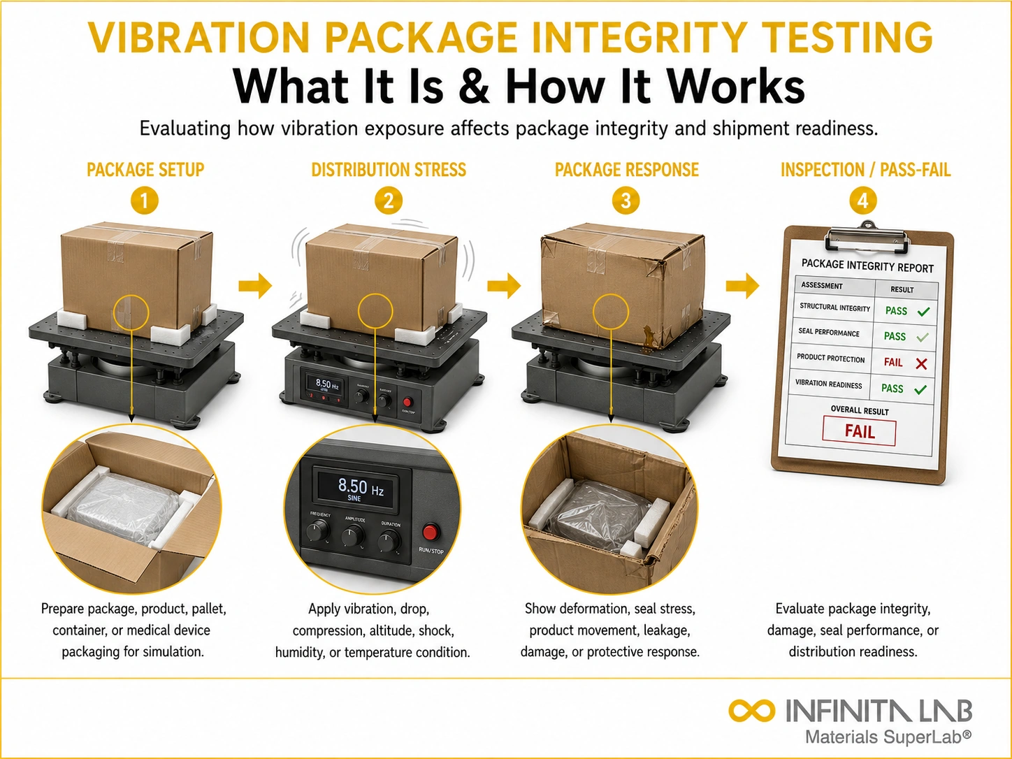 Infinita Engineering Visual showing Vibration Package Integrity transport / distribution simulation workflow for vibration package integrity testing: what it is & how it works.