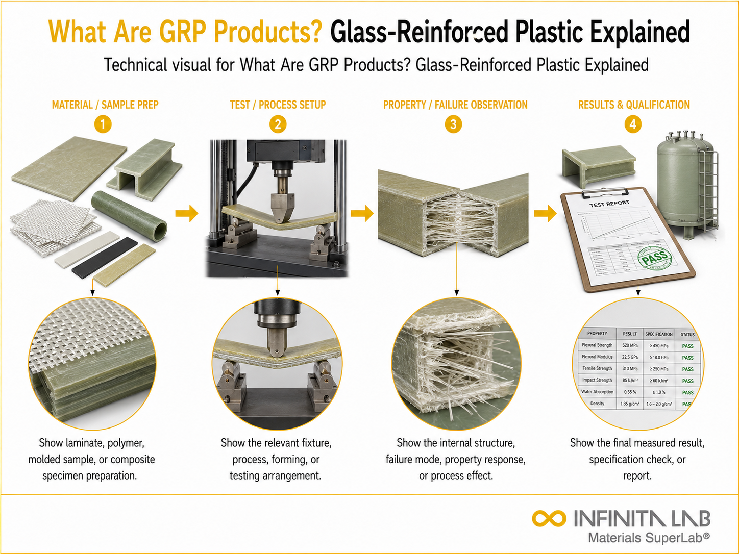 Infinita Engineering Visual showing What Are GRP Products? Glass-Reinforced Plastic Explained composites / plastics / polymers workflow.