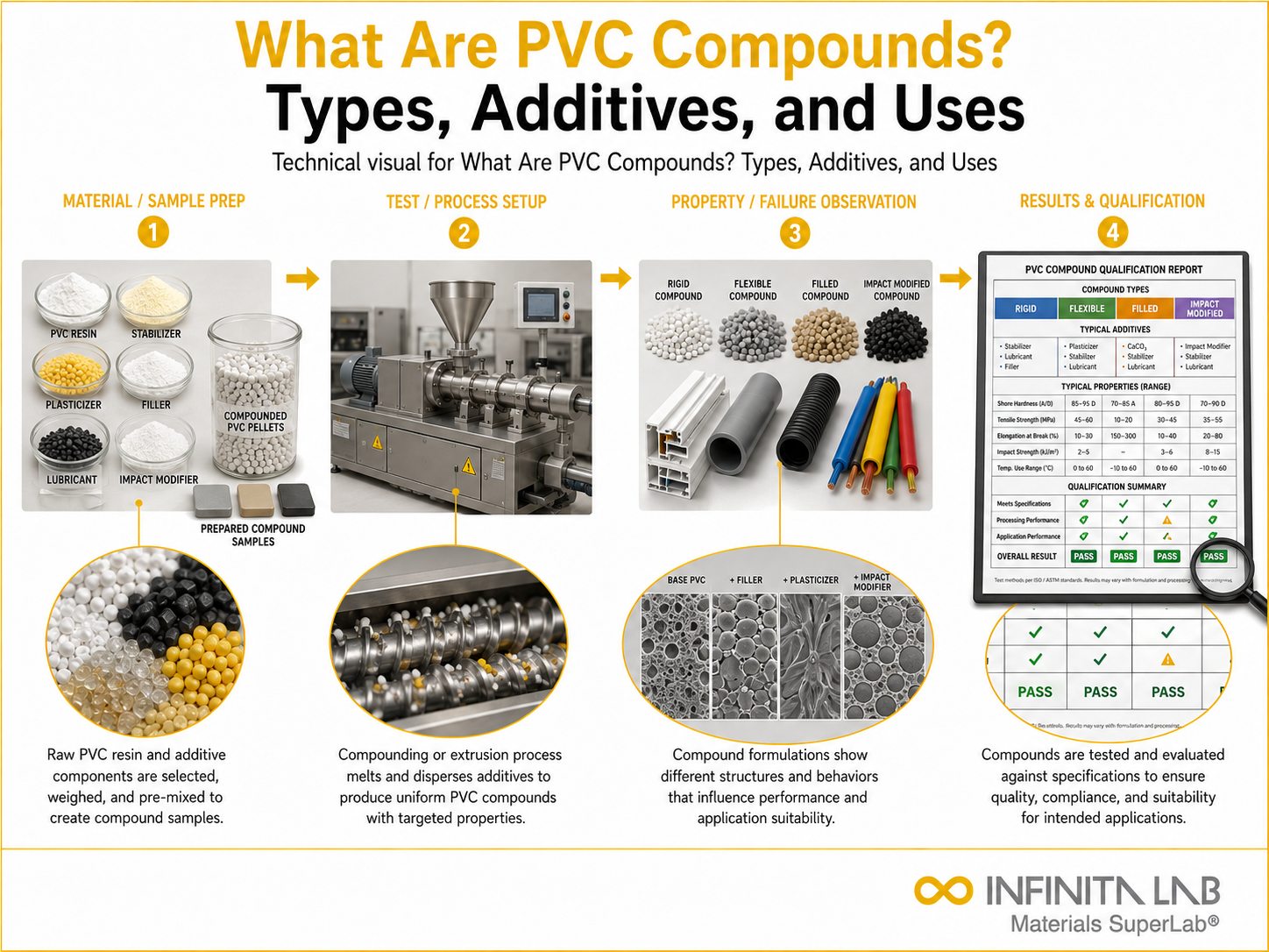 Infinita Engineering Visual showing What Are PVC Compounds? Types, Additives, and Uses composites / plastics / polymers workflow.
