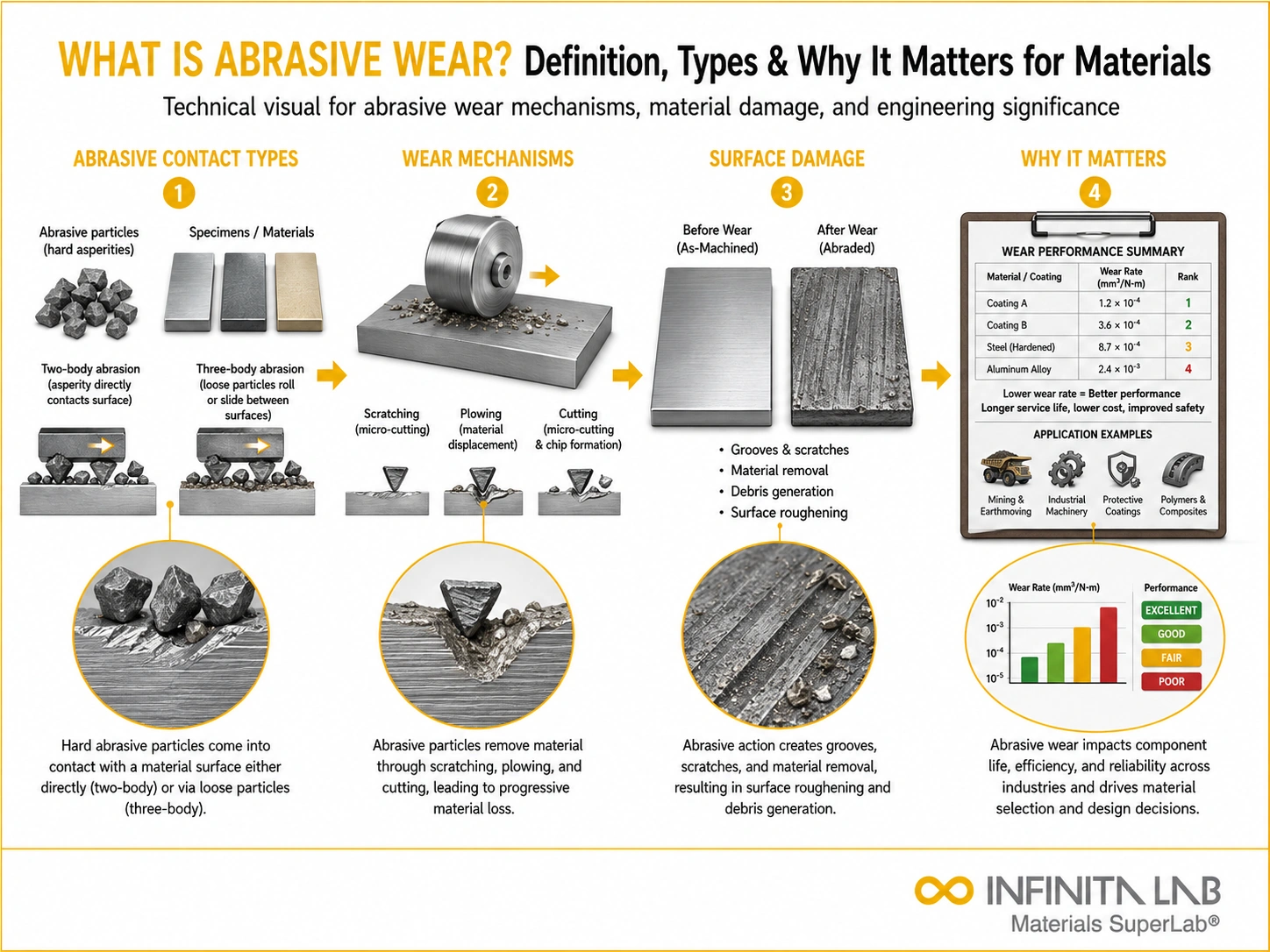 Infinita Engineering Visual showing What Is Abrasive wear / abrasion / scratch workflow for what is abrasive wear? definition, types & why it matters for materials.