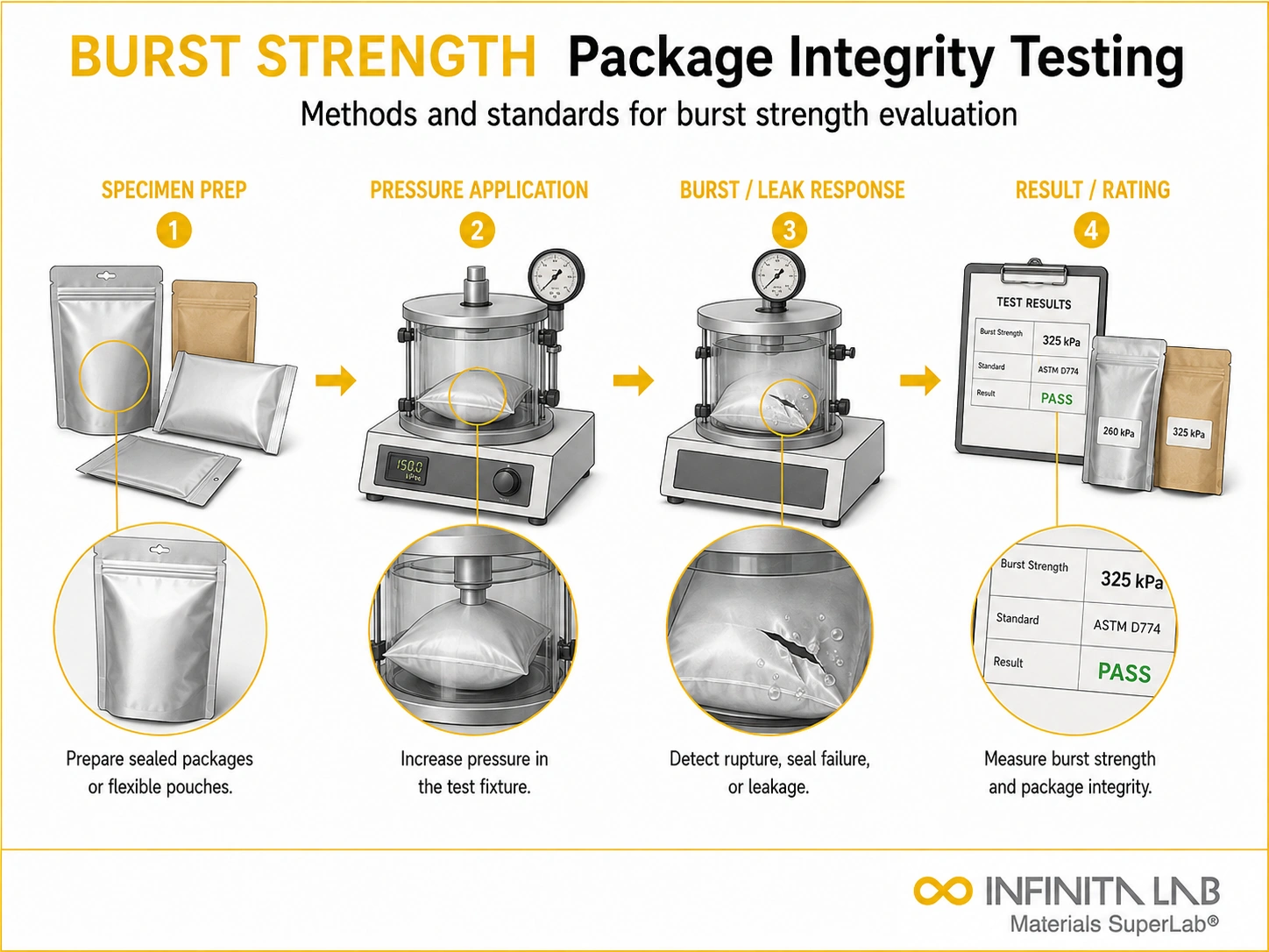 Infinita Engineering Visual showing What Is Burst packaging material / package integrity workflow for what is burst strength testing for package integrity? methods & standards.