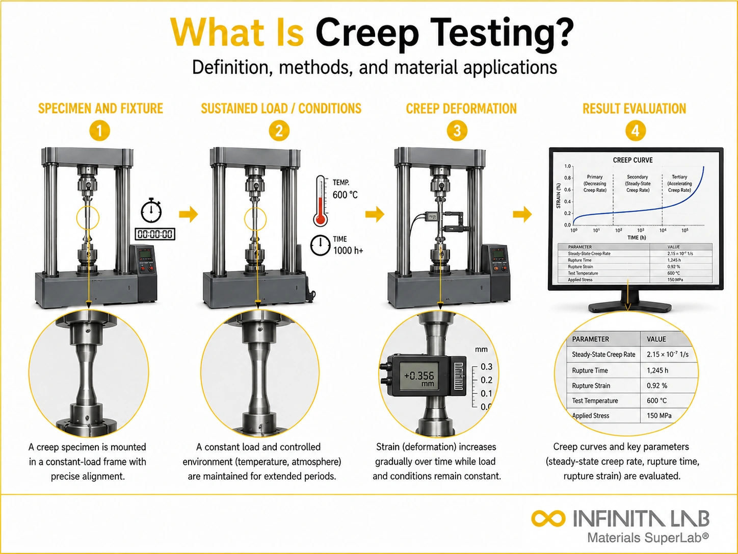 Infinita Engineering Visual showing What Is Creep creep / long-term loading workflow for what is creep testing? definition, methods & material applications.