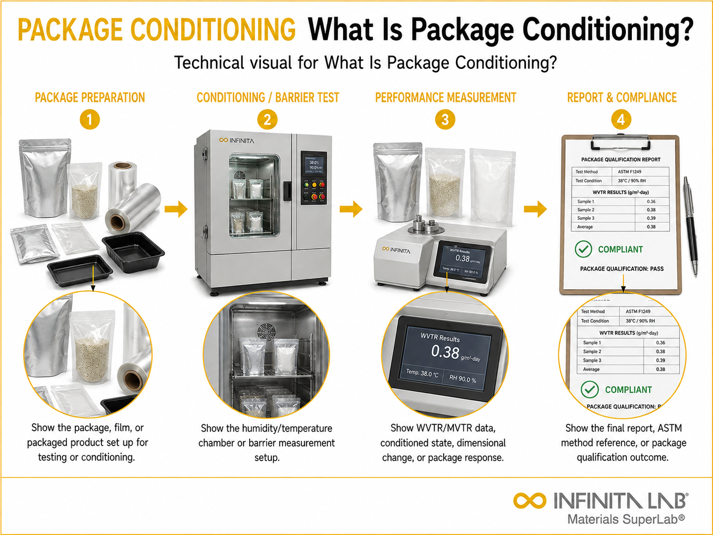 Infinita Engineering Visual showing What Is Package Conditioning? packaging / conditioning / barrier workflow.