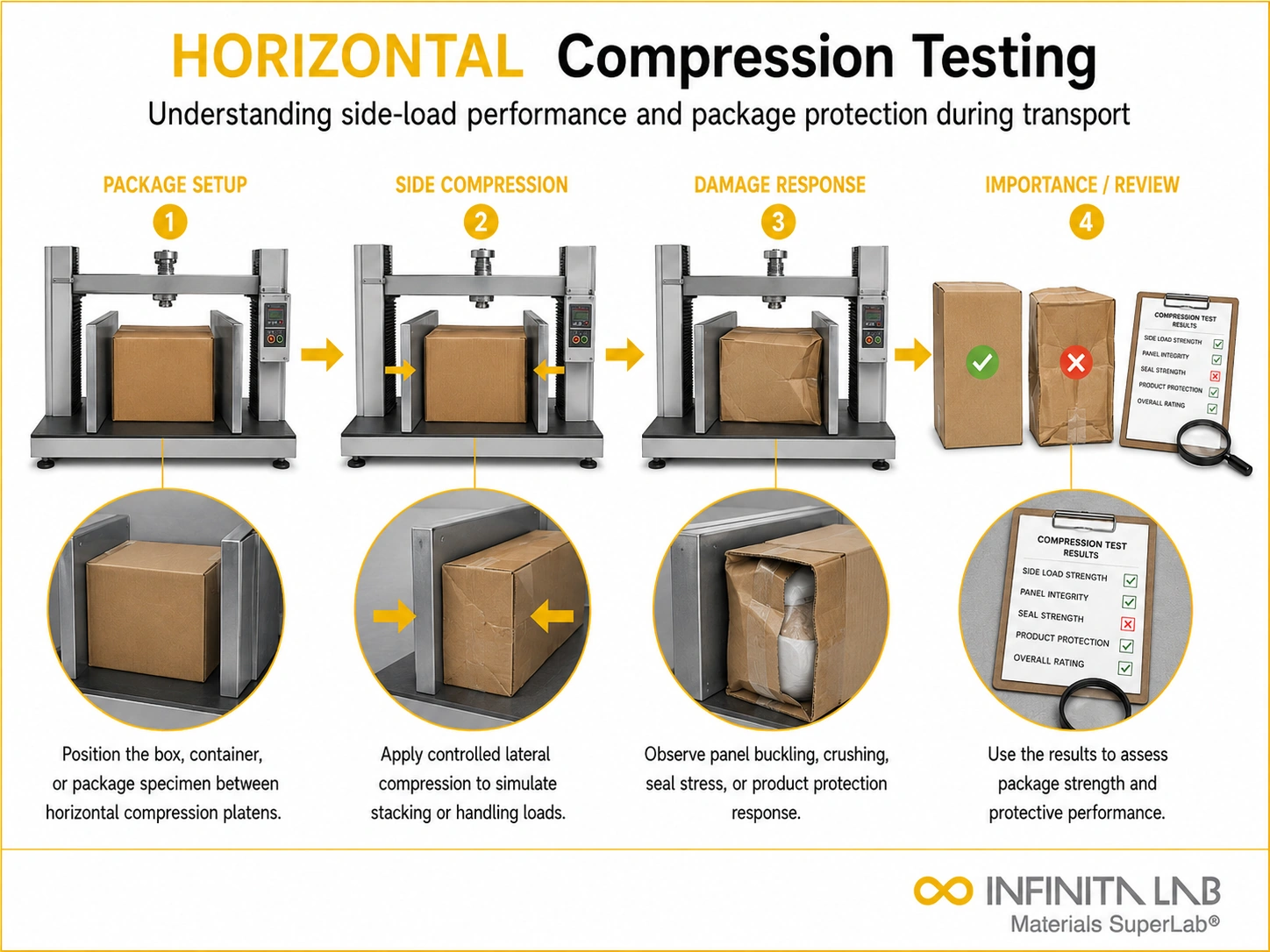 Infinita Engineering Visual showing Why Horizontal Compression packaging material / package integrity workflow for why horizontal compression testing is important for packaging.