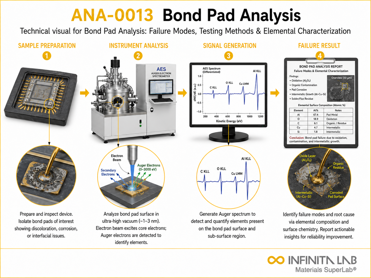 Infinita Engineering Visual showing Bond Pad Analysis elemental / spectroscopic analysis workflow for bond pad analysis: failure modes, testing methods & elemental characterization.