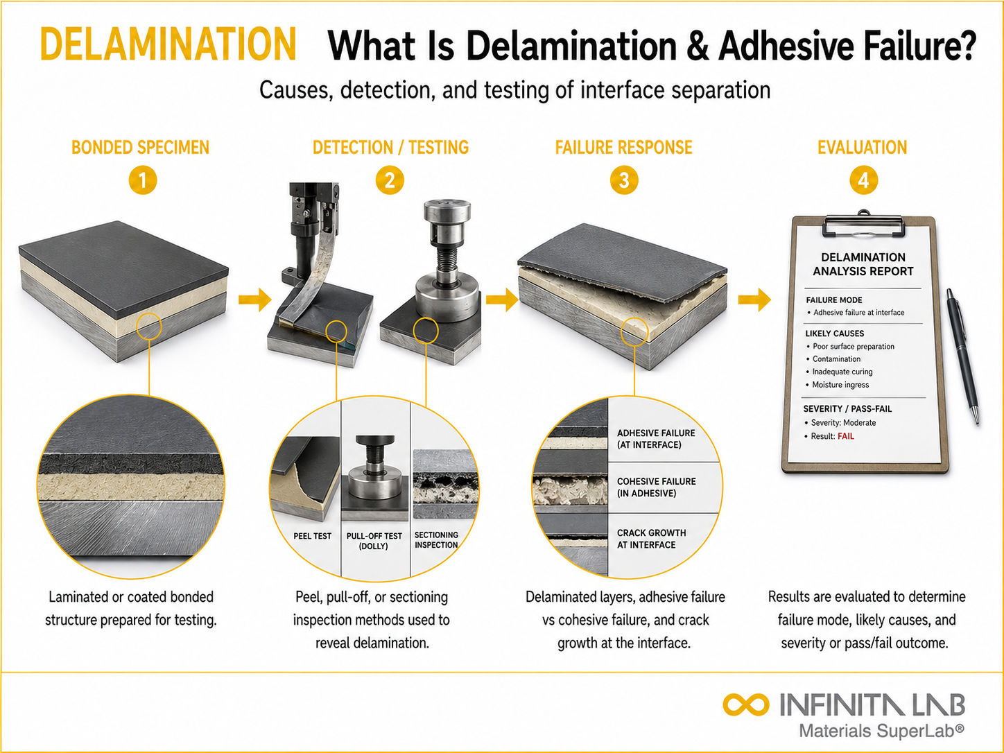 Infinita Engineering Visual showing What Is Delamination adhesive / bond strength workflow for what is delamination & adhesive failure? causes, detection & testing.