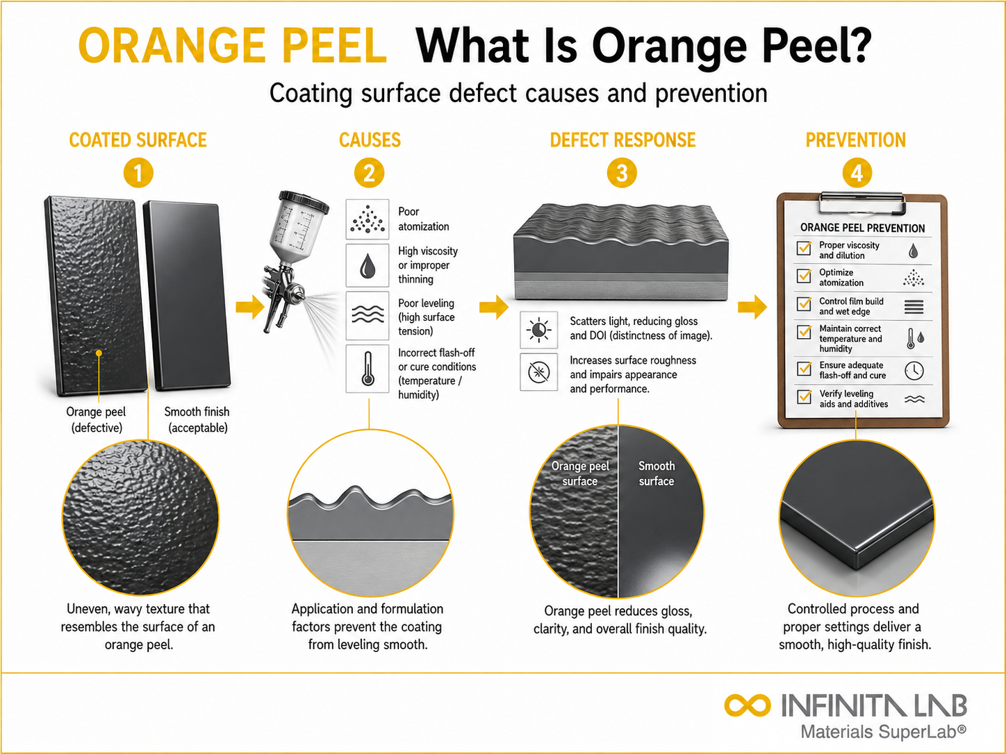 Infinita Engineering Visual showing What Is Orange peel / adhesion workflow for what is orange peel? coating surface defect — causes & prevention.