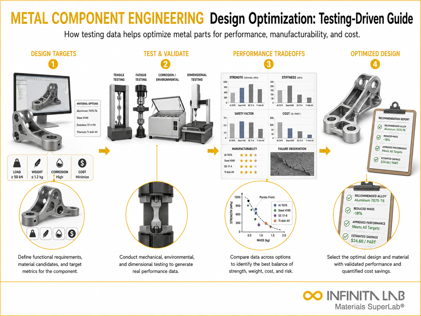 Infinita Engineering Visual showing Metal Component Engineering general testing / industry guide workflow for metal component engineering & design optimization: testing-driven guide.