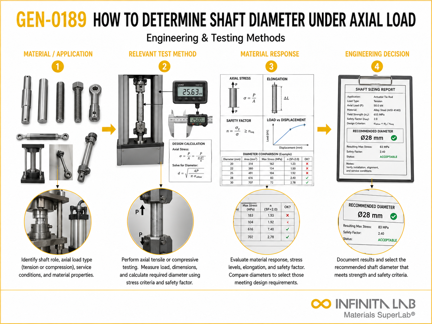 Infinita Engineering Visual showing How To Determine general testing / industry guide workflow for how to determine shaft diameter under axial load: engineering & testing methods.