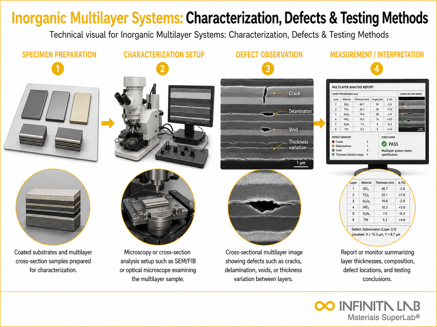 Infinita Engineering Visual showing Inorganic Multilayer Systems microscopy / imaging workflow for inorganic multilayer systems: characterization, defects & testing methods.
