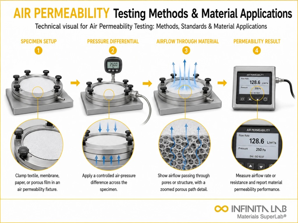 Infinita Engineering Visual showing Air Permeability Testing air permeability workflow for air permeability testing: methods, standards & material applications.