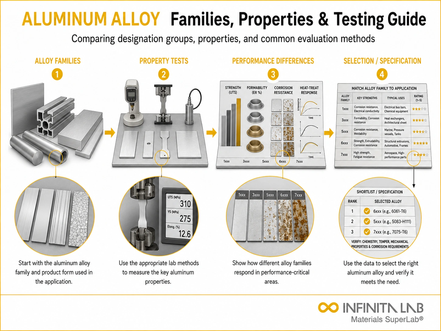 Infinita Engineering Visual showing Aluminum Alloy Families general testing / industry guide workflow for aluminum alloy families: properties, designation & testing guide.