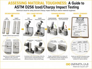 Infinita Engineering Visual showing ASTM D256 IZOD impact testing workflow for assessing material toughness: a guide to astm d256 izod/charpy impact testing.