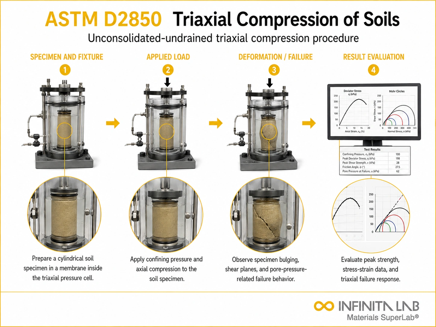 Infinita Engineering Visual showing ASTM D2850 compression / crush workflow for astm d2850: triaxial compression testing of soils — method & applications.
