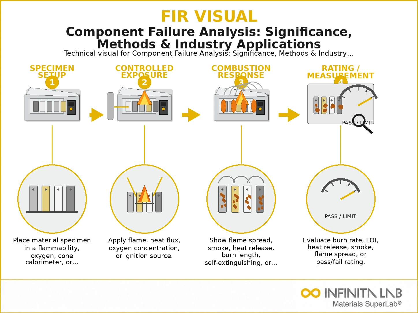 Infinita Engineering Visual showing Component Failure Analysis combustible dust / loc / explosion workflow for component failure analysis: significance, methods & industry applications.