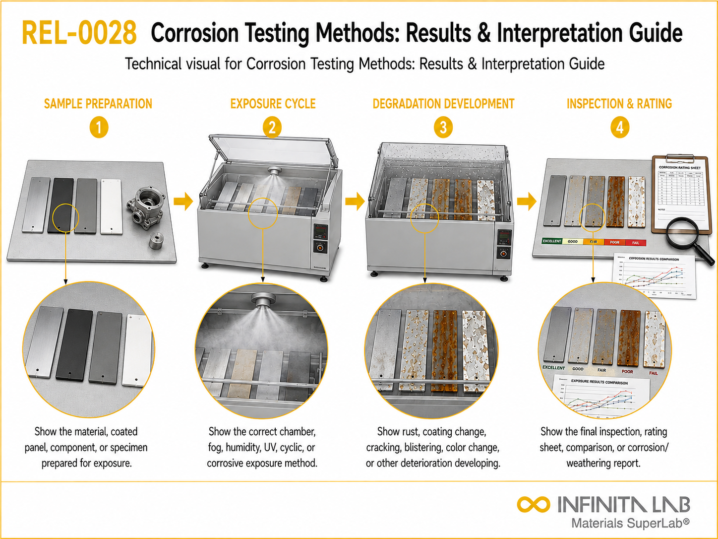 Infinita Engineering Visual showing Corrosion Testing Methods: Results & Interpretation Guide corrosion / weathering / durability workflow.