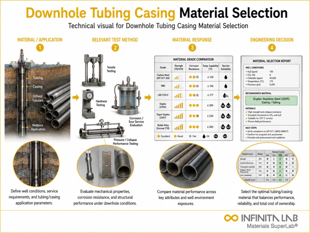 Infinita Engineering Visual showing Downhole Tubing Casing materials guide / specification / applications workflow for downhole tubing casing material selection.