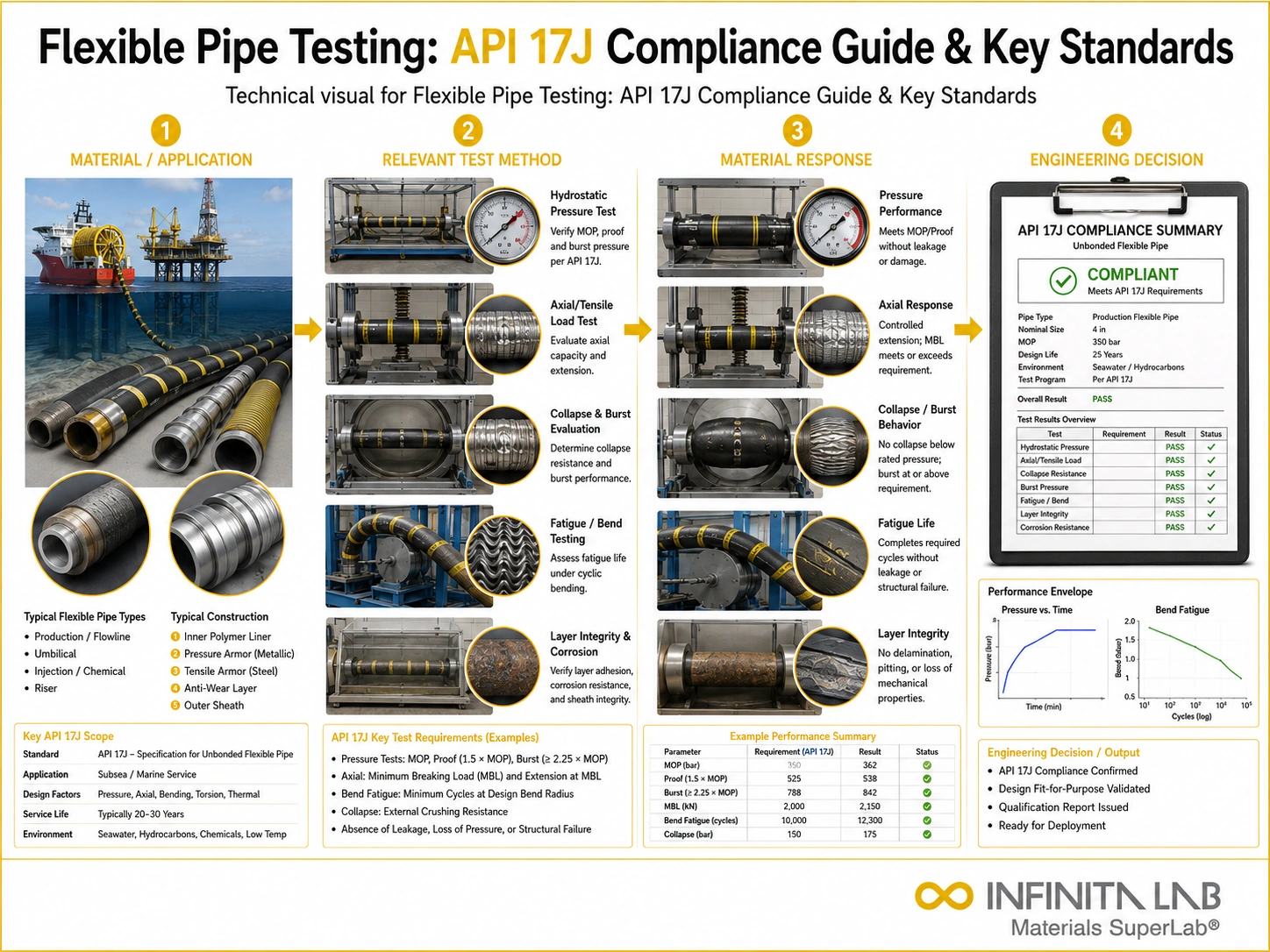 Infinita Engineering Visual showing Flexible Pipe Testing general testing / industry guide workflow for flexible pipe testing: api 17j compliance guide & key standards.