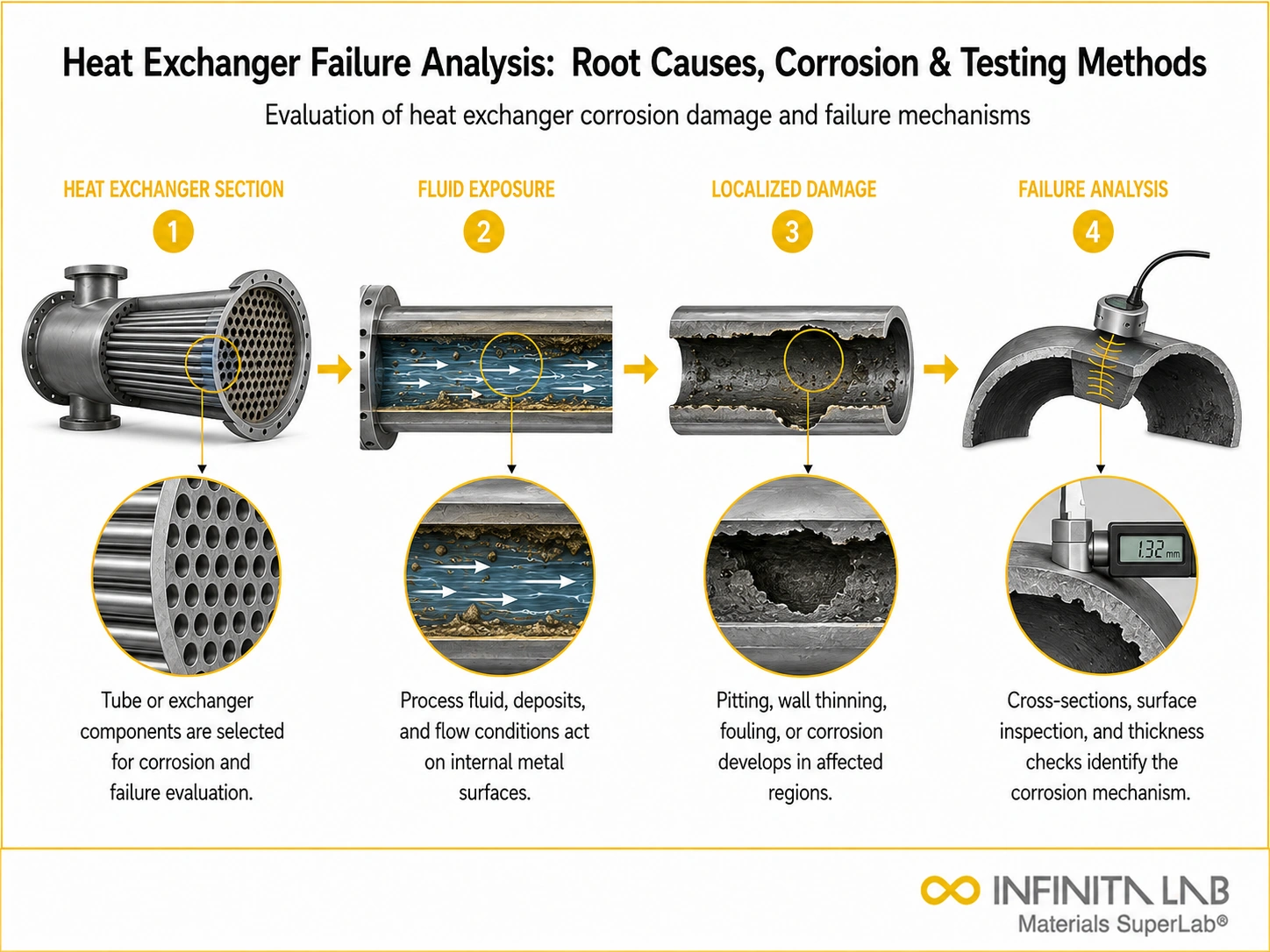 Four-step Infinita Engineering Visual showing heat exchanger failure analysis: root causes, corrosion & testing methods with heat exchanger section, fluid exposure, localized damage, and failure analysis.