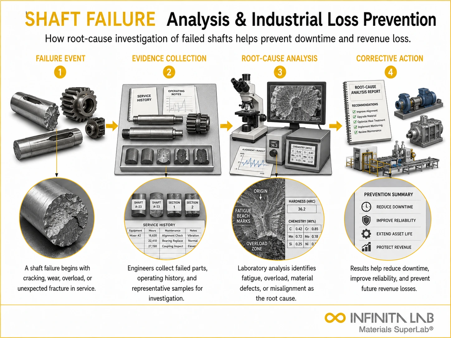 Infinita Engineering Visual showing How Shaft Failure combustible dust / loc / explosion workflow for how shaft failure analysis can prevent revenue losses in industrial operations.