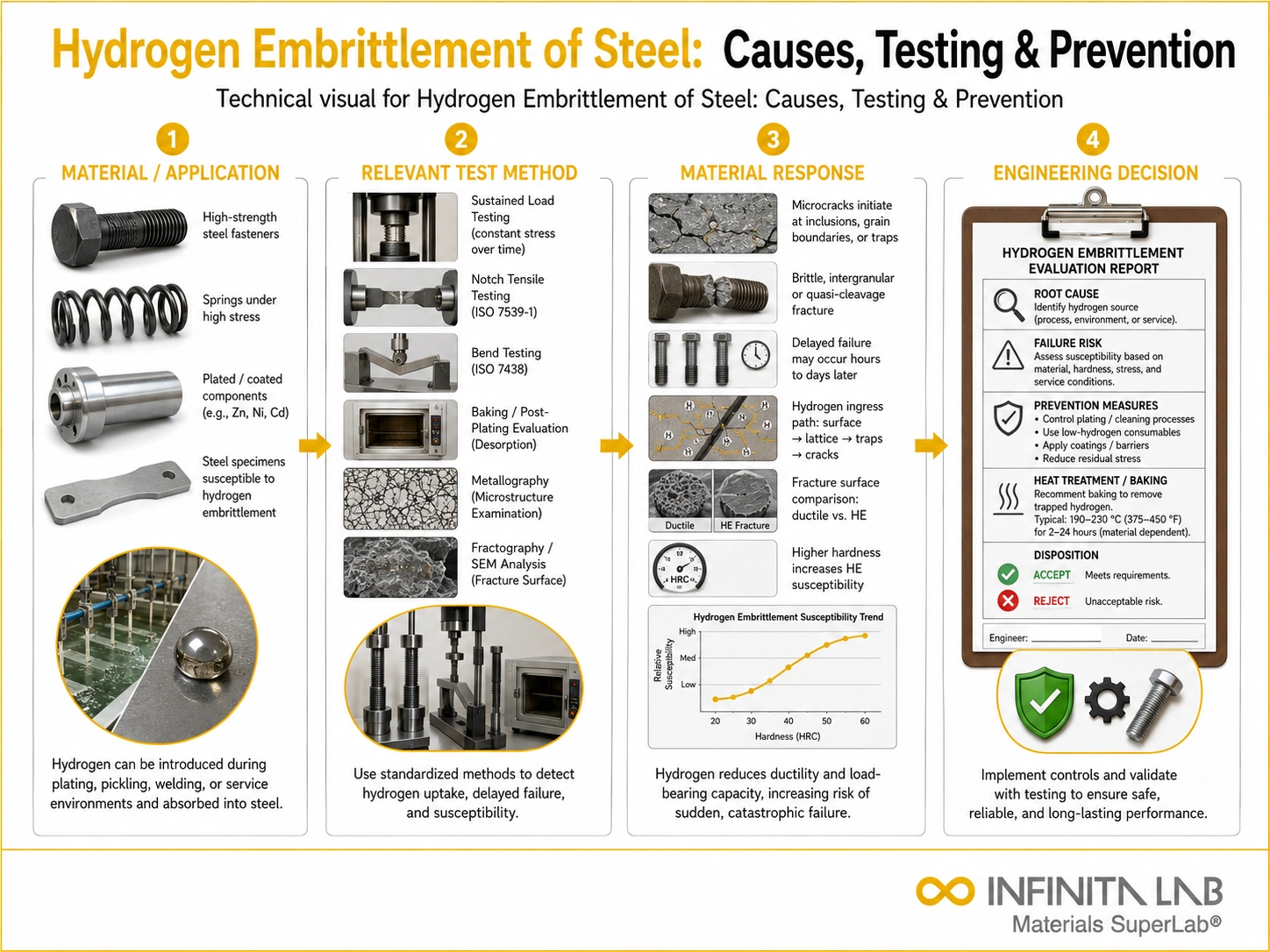 Infinita Engineering Visual showing Hydrogen Embrittlement Of materials guide / specification / applications workflow for hydrogen embrittlement of steel: causes, testing & prevention.