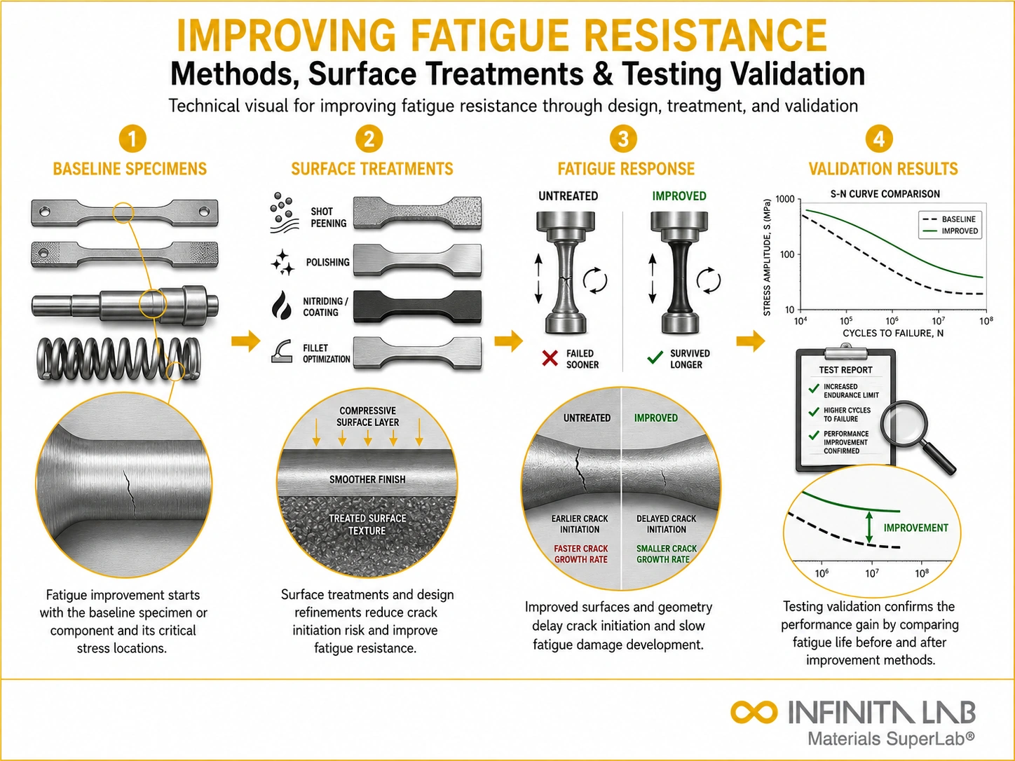 Infinita Engineering Visual showing Improving Fatigue Resistance fatigue / cyclic loading workflow for improving fatigue resistance: methods, surface treatments & testing validation.