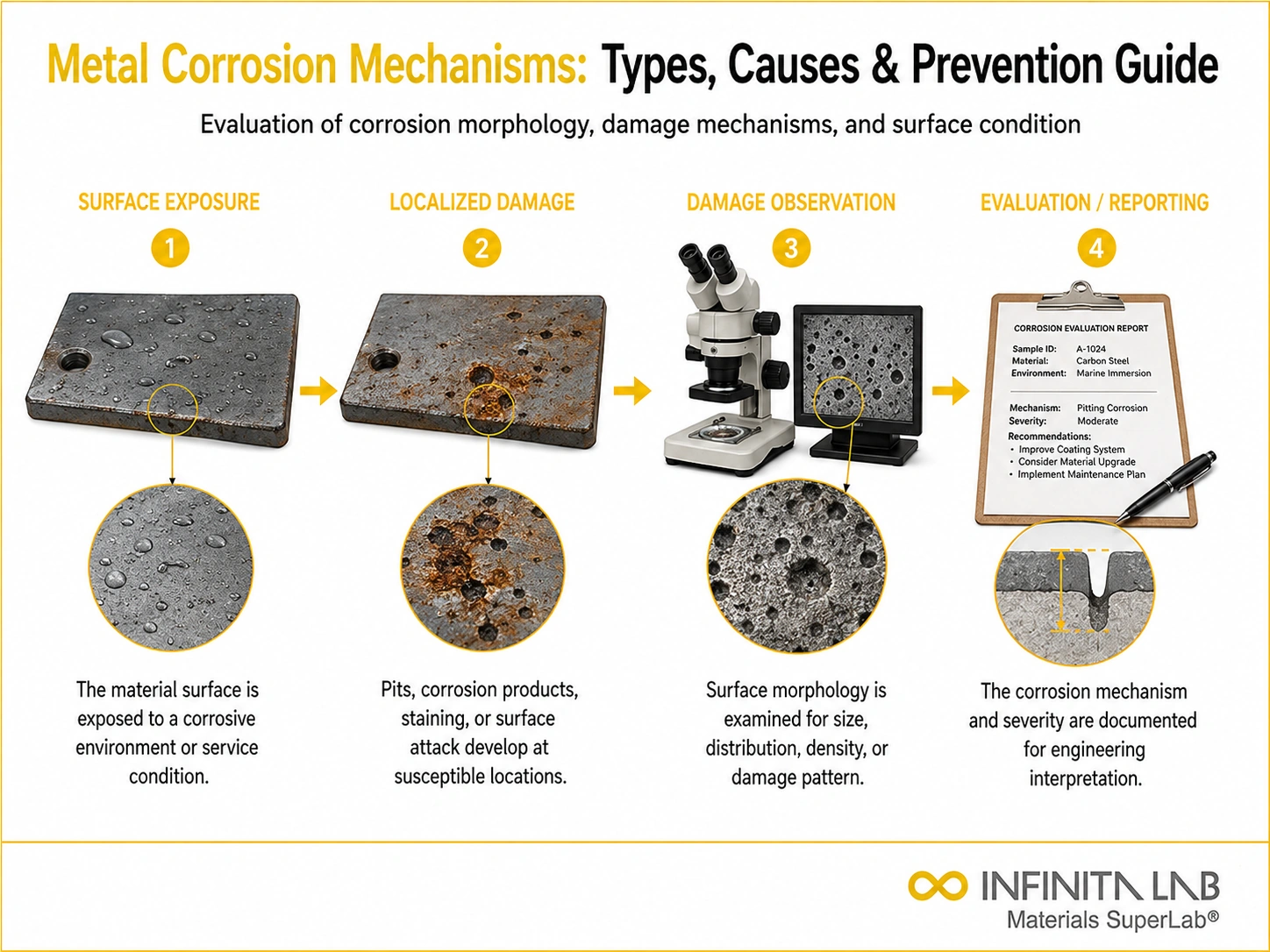 Four-step Infinita Engineering Visual showing metal corrosion mechanisms: types, causes & prevention guide with surface exposure, localized damage, damage observation, and evaluation / reporting.