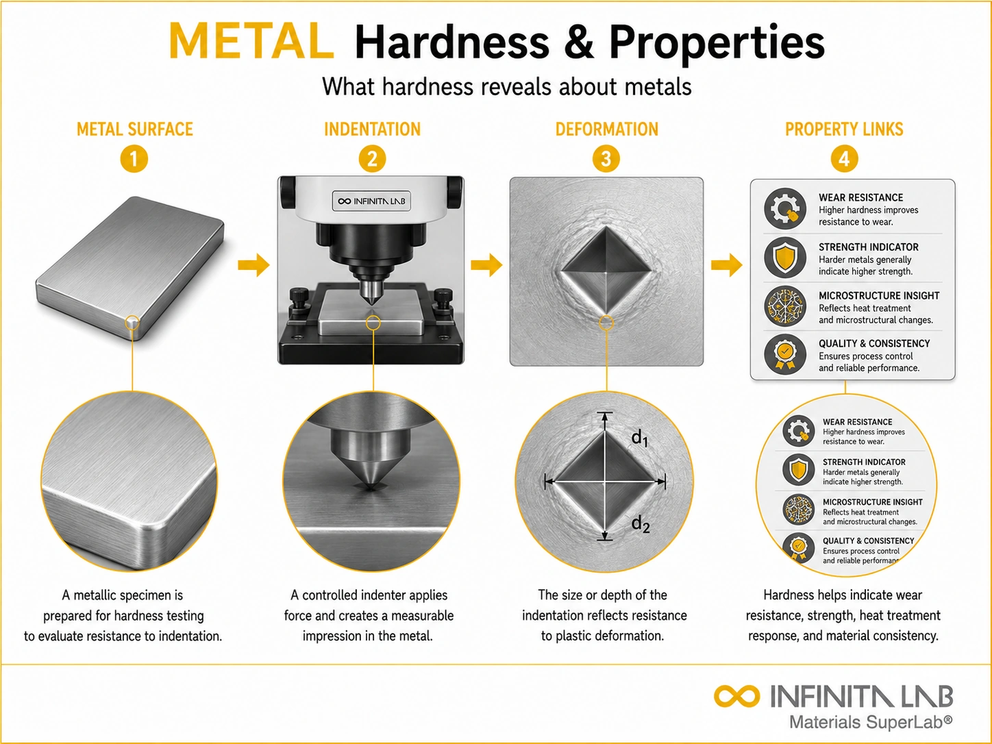 Infinita Engineering Visual showing Metal Hardness Its hardness / indentation workflow for metal hardness & its properties: what hardness reveals about metals.