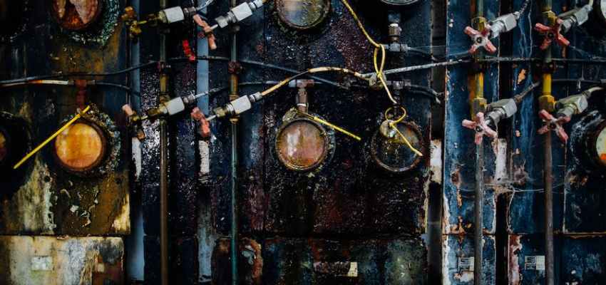 SEM image showing corrosion products and pitting on stainless steel surface