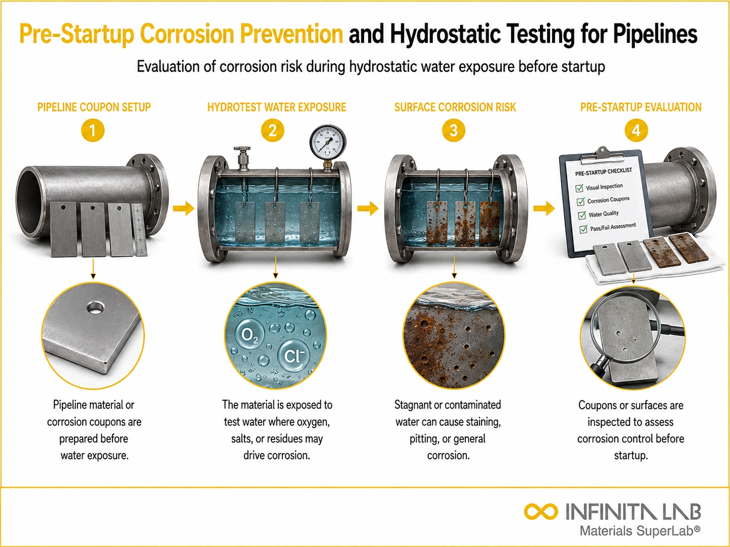 Four-step Infinita Engineering Visual showing pre-startup corrosion prevention and hydrostatic testing for pipelines with pipeline coupon setup, hydrotest water exposure, surface corrosion risk, and pre-startup evaluation.