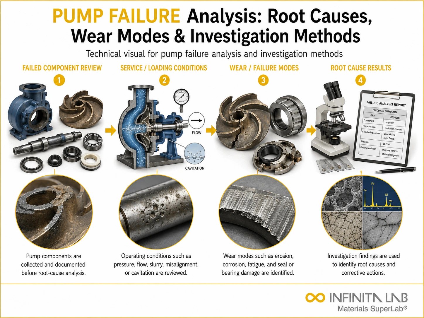 Infinita Engineering Visual showing Pump Failure Analysis wear / abrasion / scratch workflow for pump failure analysis: root causes, wear modes & investigation methods.