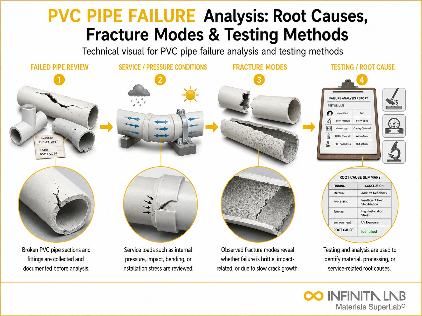 Infinita Engineering Visual showing Pvc Pipe Failure fracture / crack growth workflow for pvc pipe failure analysis: root causes, fracture modes & testing methods.