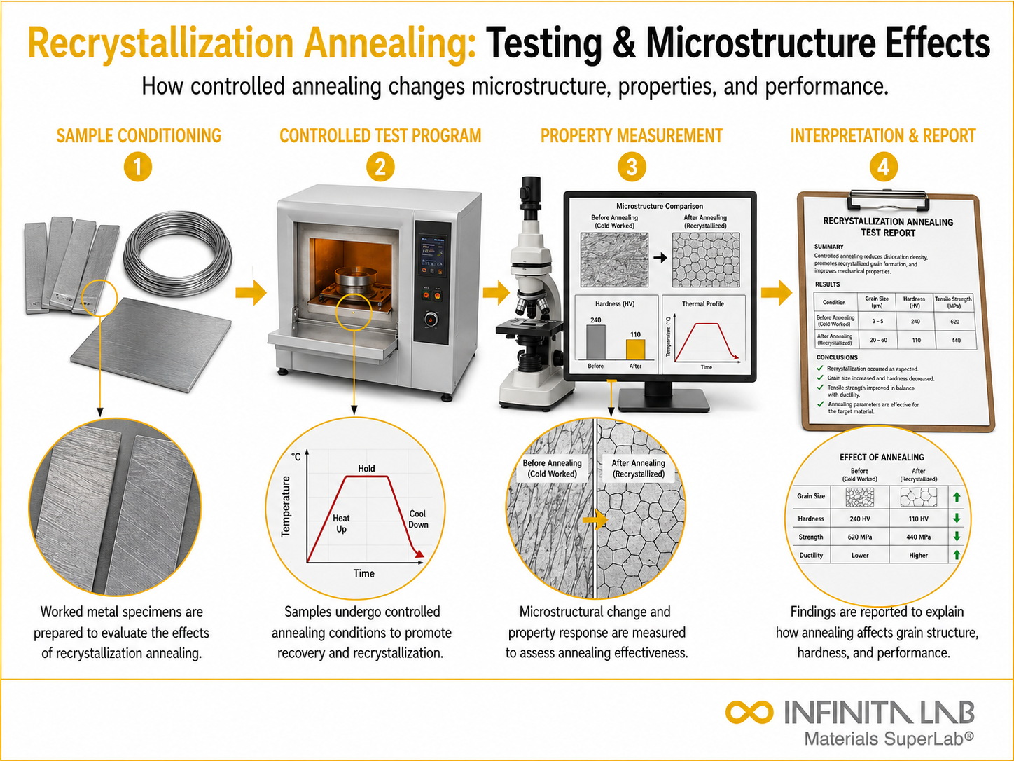 Infinita Engineering Visual showing Recrystallization Annealing: How It Works, Testing & Microstructure Effects thermal / physical property analysis workflow.