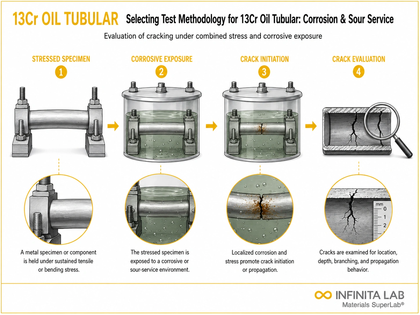 Four-step Infinita Engineering Visual showing selecting test methodology for 13cr oil tubular: corrosion & sour service with stressed specimen, corrosive exposure, crack initiation, and crack evaluation.